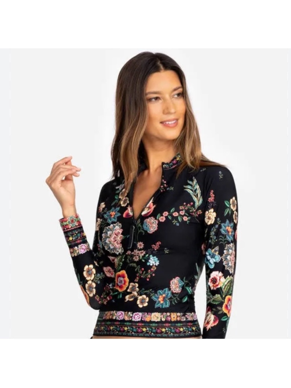 Johnny Was Black Floral Swim Coverup Top Surf Shirt Rushguard long sleeve